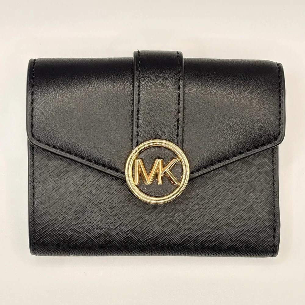 Michael Kors Black Leather Trifold Wallet Gold MK Logo Medallion Snap Closure
